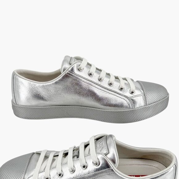 Prada Cap Toe Low Top Sneakers Size 41 US 11 Metallic Silver Leather Logo Shoe - Picture 11 of 14